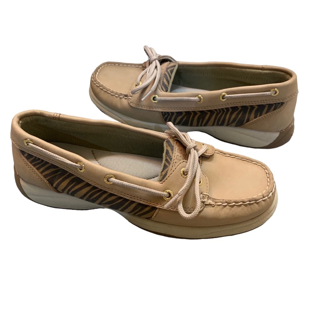Sperry Top Sider Laguna Linen Tan/Brown Zebra Loafer Boat Shoes Size 7